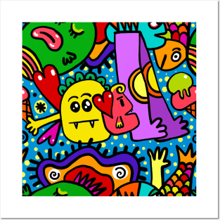 Colorful Doodle Monsters Halloween Posters and Art